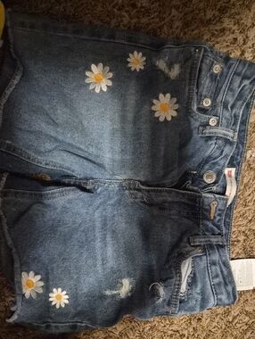 Levi Girls Blue Denim Shorts with Daisy Embroidery
